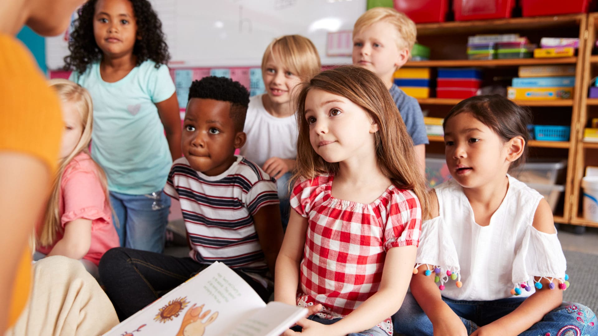 Group Of Elementary School Pupils Sitting On Floor Listening To Female Teacher Read Story